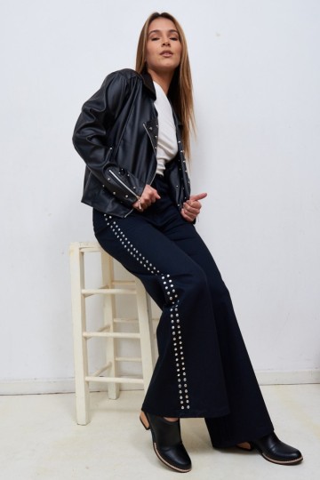 Maxi wide leg gabardina con tachas