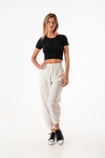 Pantalon babucha de lino con boton al tobillo para mujer moda