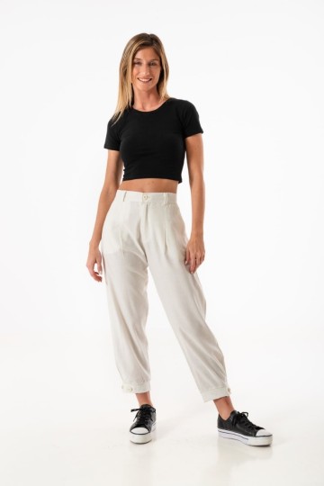 Pantalon babucha de lino con boton al tobillo para mujer moda