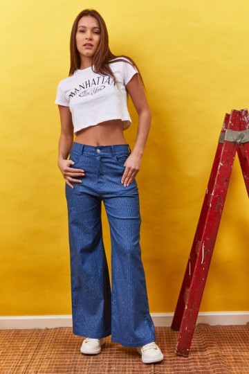 Wide leg simil jeans bengalina con lurex