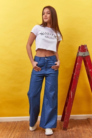 Wide leg simil jeans bengalina con lurex