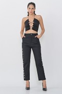 Pantalon mom de gabardina con arandelas laterales Hey! para mujer